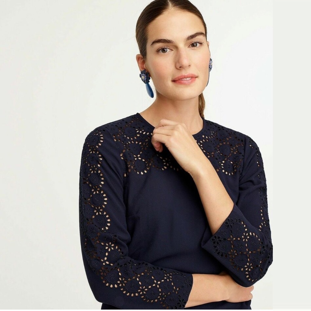 J.Crew eyelet shift dress 365 crepe navy size 10 business casual modest lasercut